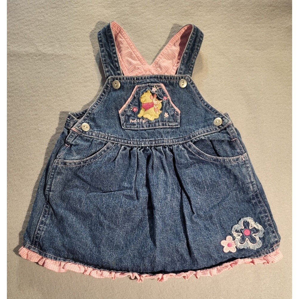 Sweet Vintage Y2K Pooh & Piglet Embroidered Denim Ruffle Pink Gingham Dress 18M